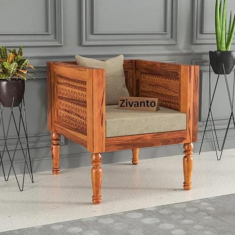 Wooden 1 Seater Sofa Arm Chair for Living Room & Drawing Room | Solid Sheesham Wood One Seater Sofa Without Small Pillow | Cushion Color: Beige, Finish: Honey