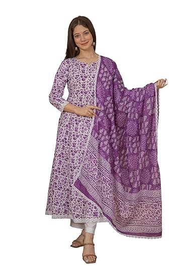 MEERA FAB Women's Cotton Printed Anarkali Kurta with Palazzo & Dupatta Set