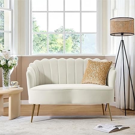 HULALA HOME Velvet Loveseat Sofa with Gold Legs, Modern 2-Seater Sofa for Living Room Bedroom, Comfy Upholstered Small Love Seat Couch, Flower Shaped Back, Ivory
