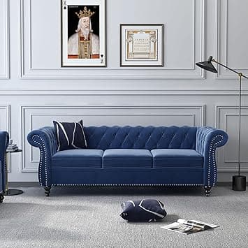 ORRD Chesterfield Sofa Velvet, Modern Tufted Couch 3 Seater With Rolled Arms And Nailhead For Living Room, Bedroom, Office, Apartment (Blue)