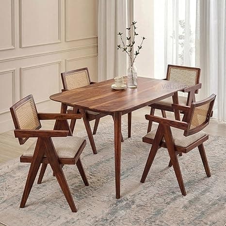 VeLivings Solid Sheesham Wood 4 Seater Dining Table Set with Cane Back Chairs with Cushions for Dining Room | Living Room | Home & Office | Hotels Restaurant & Cafe (Honey Finish)