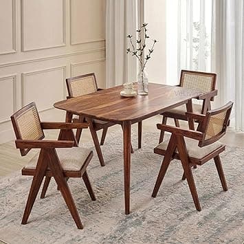 VeLivings Solid Sheesham Wood 4 Seater Dining Table Set with Cane Back Chairs with Cushions for Dining Room | Living Room | Home & Office | Hotels Restaurant & Cafe (Honey Finish)