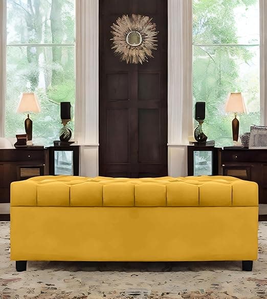 AMATA Eagle Solid Wood 2 Seater Ottoman/pouffe Yellow Suede Velvet Fabric Perfect for Home Living Office Room and Guests (Yellow 3, 2 Seater)(3 Year Warranty)