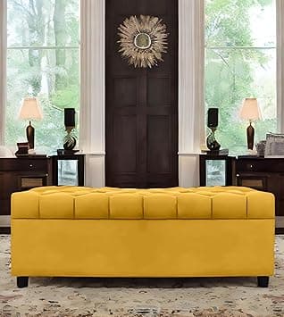 AMATA Eagle Solid Wood 2 Seater Ottoman/pouffe Yellow Suede Velvet Fabric Perfect for Home Living Office Room and Guests (Yellow 3, 2 Seater)(3 Year Warranty)