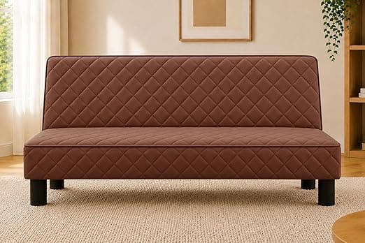 Modern 3-Seater Sofa Cum Bed, Quilted Upholstered Convertible Sofa, Space Saving Velvet Fabric Couch for Living Room, Guest Room & Studio Apartment, Brown