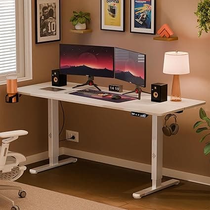 ARTIKEL Artidesk Eco Electric Height Adjustable Table for Office Work & Home-Sit Stand Gaming Desk 80kg Load, Cup Holder, 2 Hooks,Cable Organizer 2Split Tabletop (White, 140x60 CM)