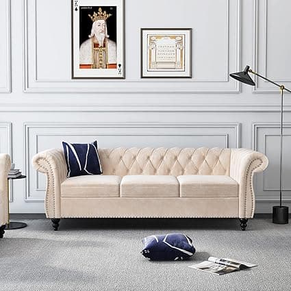 ORRD Chesterfield Sofa Velvet, Modern Tufted Couch 3 Seater With Rolled Arms And Nailhead For Living Room, Bedroom, Office, Apartment (Beige)