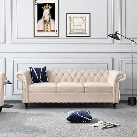 ORRD Chesterfield Sofa Velvet, Modern Tufted Couch 3 Seater With Rolled Arms And Nailhead For Living Room, Bedroom, Office, Apartment (Beige)