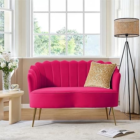 HULALA HOME Modern Velvet Loveseat Sofa with Flower Shaped Back, Comfy Upholstered 2-Seater Sofa with Gold Metal Legs, Small Love Seat Accent Couch for Living Bedroom Leisure Areas, Fushia