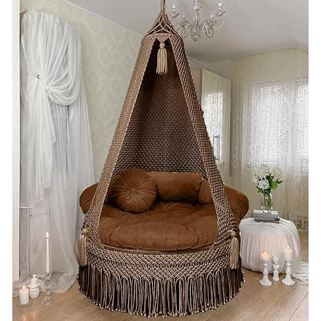 KAAHIRA Bohemian Macrame Hanging Swing Chair– Aesthetic Cotton Rope Hammock for Indoor & Outdoor – Patio, Balcony, Bedroom, Living Room, Garden–Kids, Adults & Pets – Boho Decor (Brown)