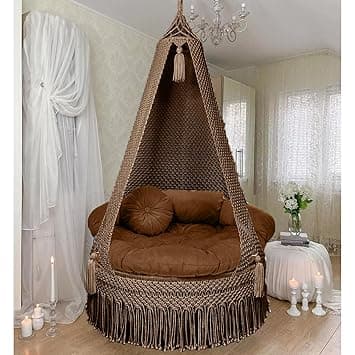 KAAHIRA Bohemian Macrame Hanging Swing Chair– Aesthetic Cotton Rope Hammock for Indoor & Outdoor – Patio, Balcony, Bedroom, Living Room, Garden–Kids, Adults & Pets – Boho Decor (Brown)