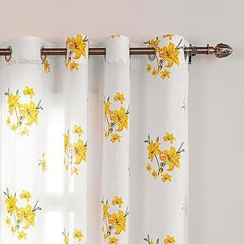 HOMEMONDE Customize Curtains Set of 2 - Cotton Sheer Linen Printed Curtain for Living Room Decoration, Yellow Flower Printed Light Filtering Drapes
