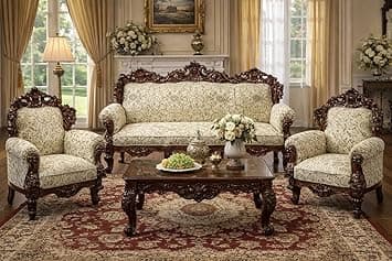 Luxury Antique Sofa Set in a Classic Living Room Setting Solid Teak Wooden Five Seater Sofa Set with Cushion for Living Room | Honey Brown Finish | 208D x 76W x 119H cm (Design11)
