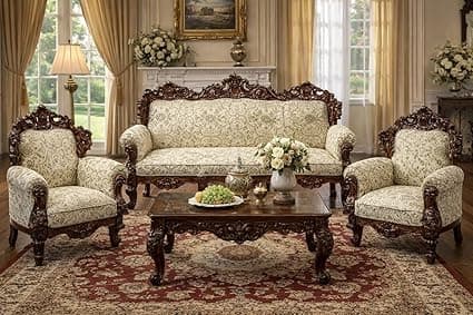 Luxury Antique Sofa Set in a Classic Living Room Setting Solid Teak Wooden Five Seater Sofa Set with Cushion for Living Room | Honey Brown Finish | 208D x 76W x 119H cm (Design11)