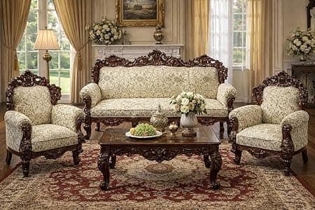 Luxury Antique Sofa Set in a Classic Living Room Setting Solid Teak Wooden Five Seater Sofa Set with Cushion for Living Room | Honey Brown Finish | 208D x 76W x 119H cm (Design11)