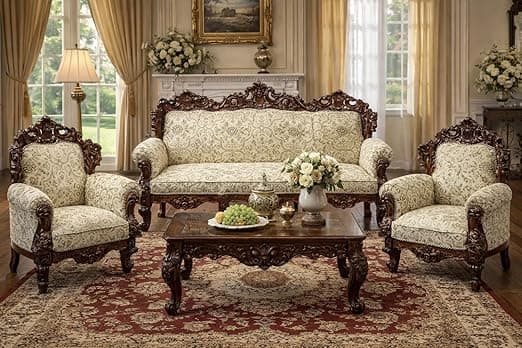 Luxury Antique Sofa Set in a Classic Living Room Setting Solid Teak Wooden Five Seater Sofa Set with Cushion for Living Room | Honey Brown Finish | 208D x 76W x 119H cm (Design11)