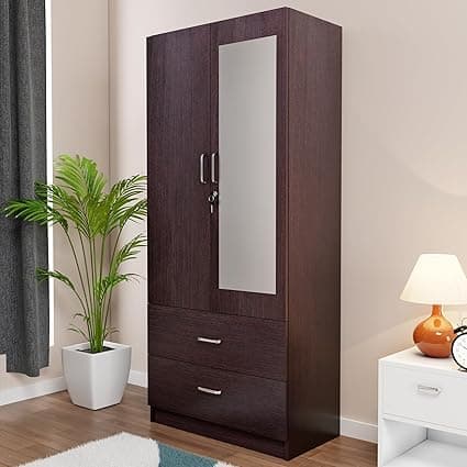 VIKI Wardrobe | Albarracin Wardrobe | Wooden Almirah for 2 Door Wardrobe with 2 Drawer & Hanging Space with Mirror (Dark Wenge - 40D x 80W x 180.8H) | 1 Year Warranty | Free Assembly