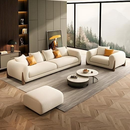 Velvet Contemperory Sofa with Cushion Chaise Lounge Sectional Sofa Perfect for Living Room & Bedroom Guests Home & Office (3+1+1 Boucle Teddy Fabric Sofa, 5 Seater)