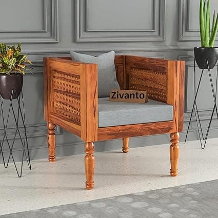 Wooden 1 Seater Sofa Arm Chair for Living Room & Drawing Room | Solid Sheesham Wood One Seater Sofa Without Small Pillow Cushion Color: Grey, Finish: Honey