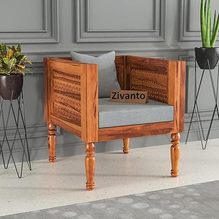 Wooden 1 Seater Sofa Arm Chair for Living Room & Drawing Room | Solid Sheesham Wood One Seater Sofa Without Small Pillow Cushion Color: Grey, Finish: Honey