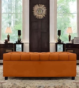 AMATA Eagle Solid Wood 2 Seater Ottoman/pouffe Orange Suede Velvet Perfect for Home Living Office Room and Guests (Orange 3, 2 Seater)(3 Year Warranty)