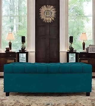 AMATA Eagle Solid Wood 2 Seater Ottoman/pouffe Ocean Blue Suede Velvet Fabric Perfect for Home Living Office Room and Guests (Ocean Blue 3, 2 Seater)(3 Year Warranty)