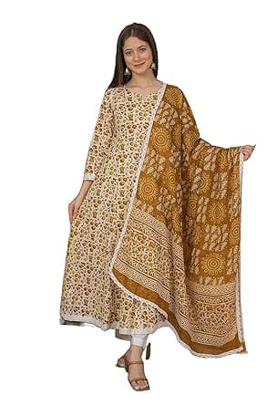 MEERA FAB Women's Cotton Printed Anarkali Kurta with Palazzo & Dupatta Set