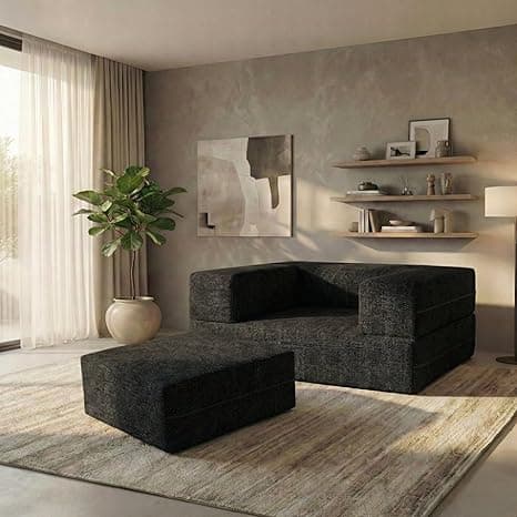 C-Type Sofa Bed 3x6 Ft with Pouffe – Jute Fabric Convertible Floor Sofa Cum Bed with Wide Arm Support for Living Room & Guest Room - Black Color