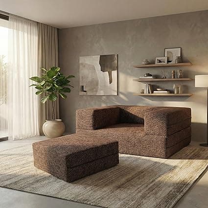 C-Type Sofa Bed 3x6 Ft with Pouffe – Jute Fabric Convertible Floor Sofa Cum Bed with Wide Arm Support for Living Room & Guest Room - Brown Color