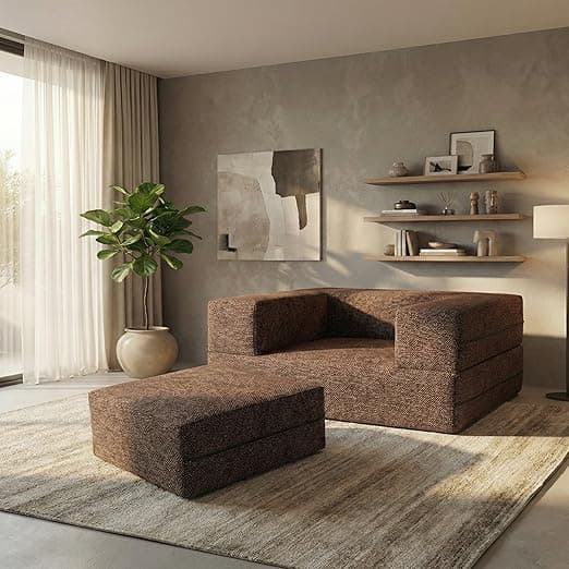 C-Type Sofa Bed 3x6 Ft with Pouffe – Jute Fabric Convertible Floor Sofa Cum Bed with Wide Arm Support for Living Room & Guest Room - Brown Color