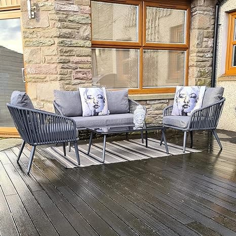 DEVOKO 4 Seater Sofa Outdoor Conversation Patio Garden Rope Furniture Set with Cushion and Center Table for Garden, Balcony, Poolside (Grey)