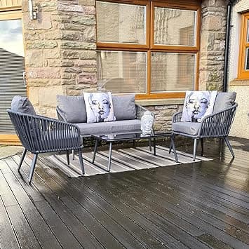 DEVOKO 4 Seater Sofa Outdoor Conversation Patio Garden Rope Furniture Set with Cushion and Center Table for Garden, Balcony, Poolside (Grey)