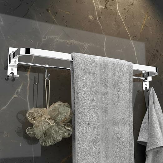Plantex Stainless Steel Folding Single Towel Rod with Hooks/Towel Holder for Bathroom/Towel Hanger/Towel Stand/Bathroom Accessories - (24 Inch-Chrome)