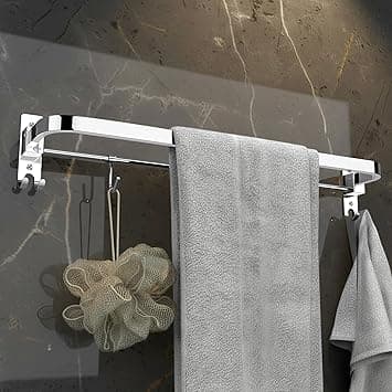 Plantex Stainless Steel Folding Single Towel Rod with Hooks/Towel Holder for Bathroom/Towel Hanger/Towel Stand/Bathroom Accessories - (24 Inch-Chrome)