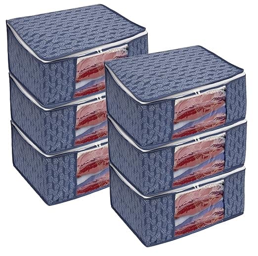 HomeStrap Set of 6 Non-Woven Printed Saree Cover/Cloth Storage/Organizer with Transparent Window (Navy Blue), 33.5 x 22 cm