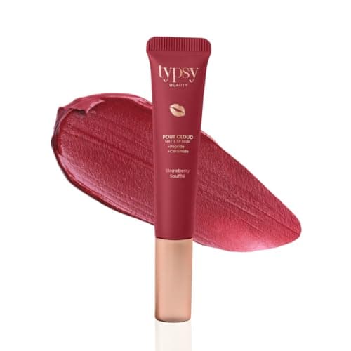 Typsy Beauty Pout Cloud Matte Lip Balm | Blurring Finish, Tinted Lip Balm with Peptides, Ceramides & Vitamin C & E | Rich colour payoff with long-lasting stain I Deep Pink - Strawberry Soufflé