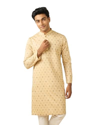 DIWAS BY MANYAVAR Men's Cotton Blend Ethnic Motifs Printed Full Sleeves Kurta (Beige,M)