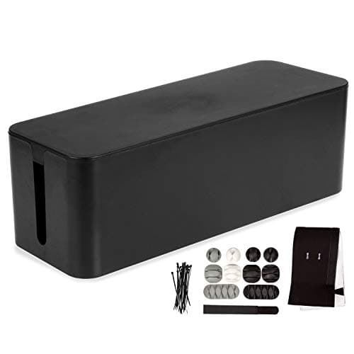 Large Cable Management Box - Black Cord Organizer and Hider for Wires, Power Strips, Surge Protectors & More - Includes Cable Sleeve, Hook and Loop Keepers, Zip Ties & Clips