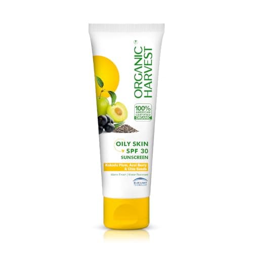 Organic Harvest Sunscreen SPF 30 with Blue Light Technology, Protects From Harmful UVA & UVB Rays, PA+++, Hydrates & Nourishes Skin, For Oily Skin, 100% American Certified Organic, Sulphate & Paraben