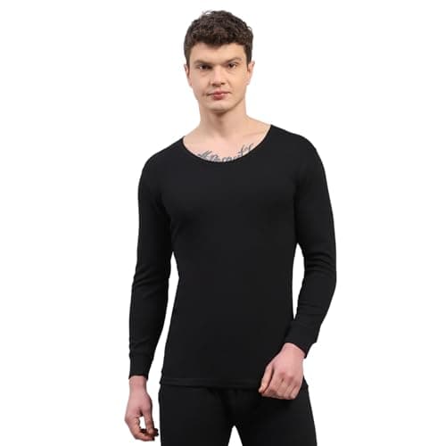 Monte Carlo Mens Regular Fit Solid Full Sleeve Round Neck Thermal Vest | Men Thermal Vest for Winter | Warm Inner Wear Top | Soft Stretchable Comfortable Body Warmer for Men Black 3XL(Pack of 1)