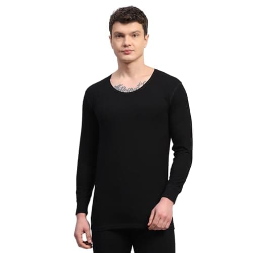 Monte Carlo Mens Regular Fit Solid Full Sleeve Round Neck Thermal Vest | Men Thermal Vest for Winter | Warm Inner Wear Top | Soft Stretchable Comfortable Body Warmer for Men Black L