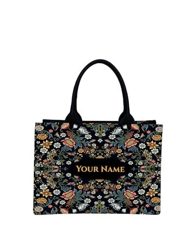 Royal Charm Voguish Customized Tote Bag | HD Printed Floral Black Tote | Personalized Name Tote | Large 16x11x5 Inch Shoulder Bag | Gift for Women