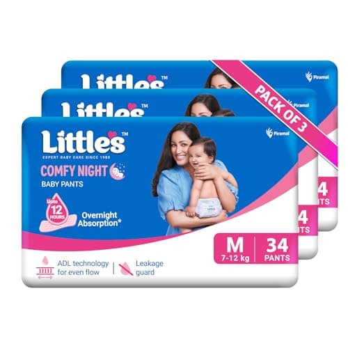 Little's Baby Diapers M Size (Medium) Pants Style | 7-12 kg |102 Count | Comfy Nights Baby Diaper Pants with Leakage Guard & Upto 12 Hours Absorption (34 Count, Pack of 3)