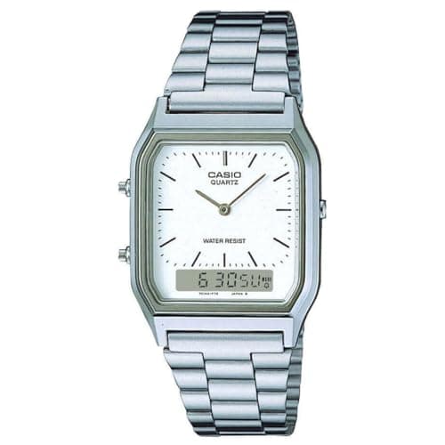 Casio Vintage AQ-230A-7DMQ Analog-Digital White Dial Unisex Watch Silver Metal Strap (AD03)