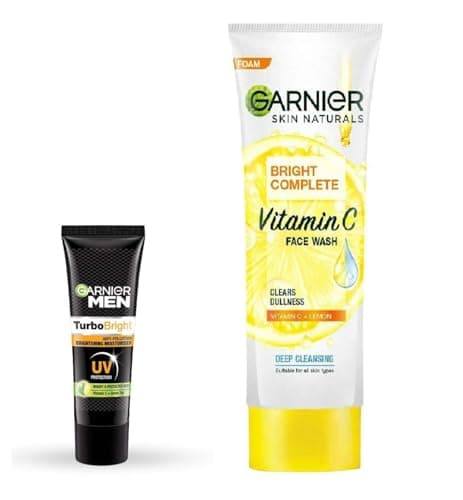 Garnier Men TurboBright Anti Pollution Brightening moisturiser, 20g + Garnier Bright Complete Vitamin C Face Wash 100g (2 ITEM IN SET)