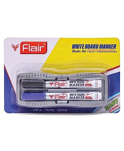 FLAIR Creative Series 103 White Board Duster & Pen Set | Non-Toxic | Bold Tip For Distant View | Safe For Children Usage | Set Of 2 Blue & Black Whiteboard Pen & 1 Duster