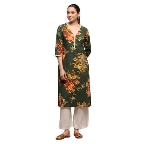 Biba Women Olive Green Cotton Straight Printed Kurta_38