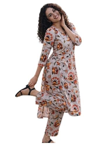 Women’s Floral Printed KURTI Set | KurtI with Pants | Casual & Festive Ethnic Wear 3/4 Sleeves | Co ord Set For Women Stylish | 2 Piece Dress For Holiday Look (IN, Alpha, XL)