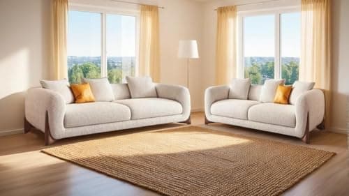 Artistic Wood Modern Sofa Chesterfield Design with Stylish Wooden Legs Bouncy Teddy Fabric Off-White Finish Sofa for Living Room, Bedroom, Hallways (3+2 Seater)