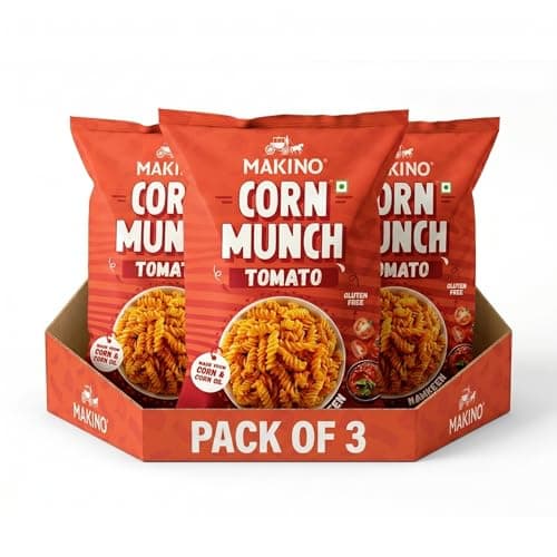 Makino Corn Munch Tomato Flavour Snacks, Ready to Eat, 150g (Pack of 3) - First Time in India | Tangy & Refreshing Flavour, Everyone's Favourite Snack For All Occasions | No MSG, Non-GMO Corn, Zero Tr